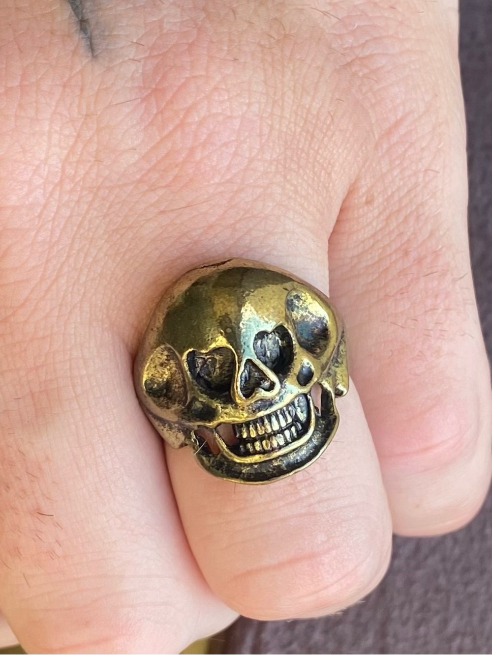 Chunky Brass Skull Statement Ring / Weathered Bronze Finish Size 8.5
